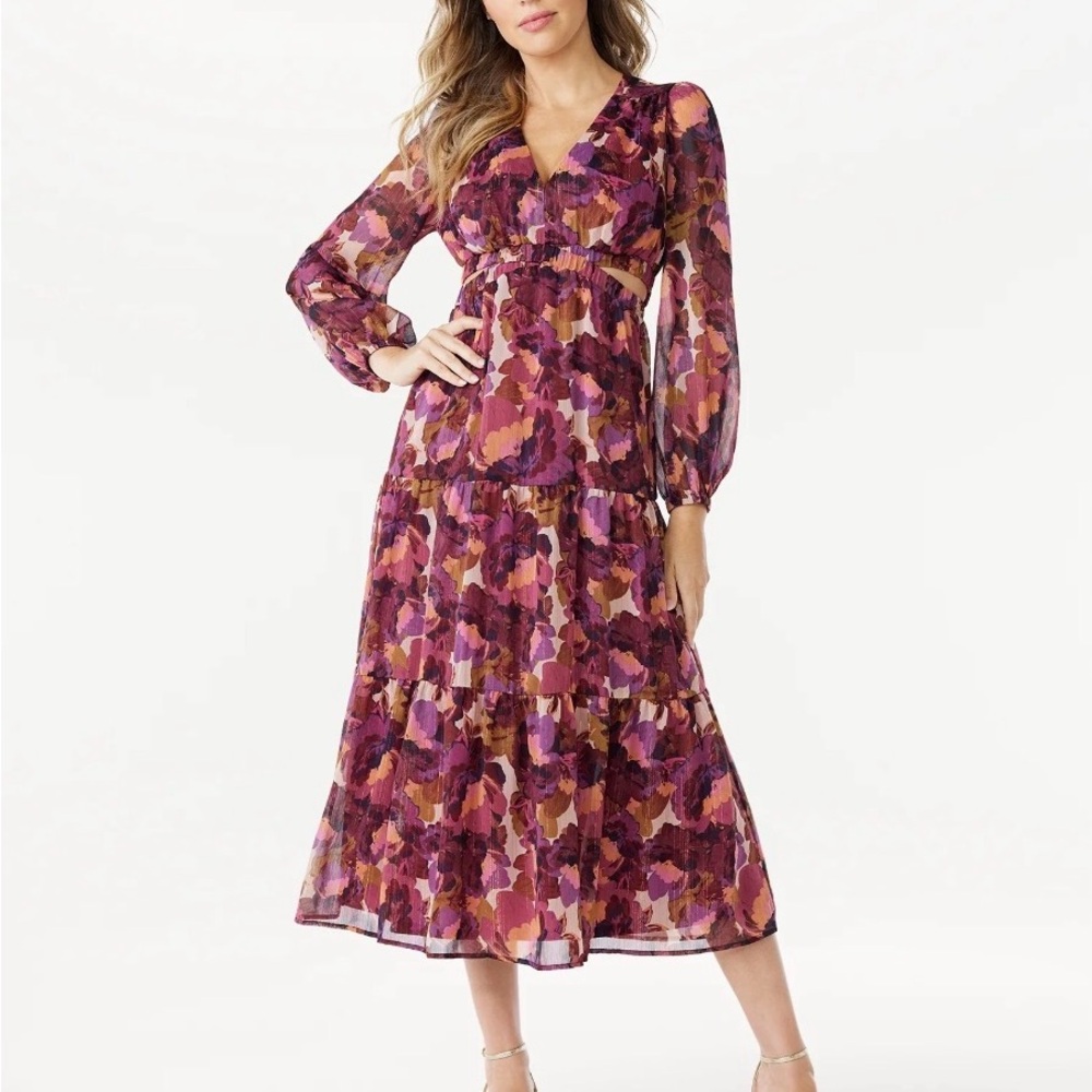 Sofia Vergara Tiered Midi Dress Dark Floral Wine Cut Out Flowy Sz Medium